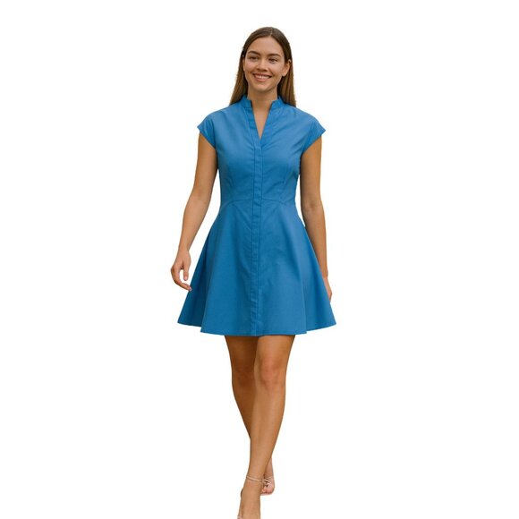Donna Morgan High Neck Fit & Flare Shirtdress – Blue – Size 2 (Used Once) - Picture 1 of 4